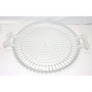 VTG Jeannette Clear Glass Small Round Hobnail Cheese/Snack Tray w/ Handles 9"